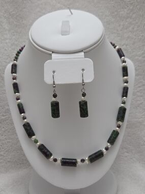 Ruby Zoisite Tube Bead & Freshwater Pearl Necklace with Matching Earrings